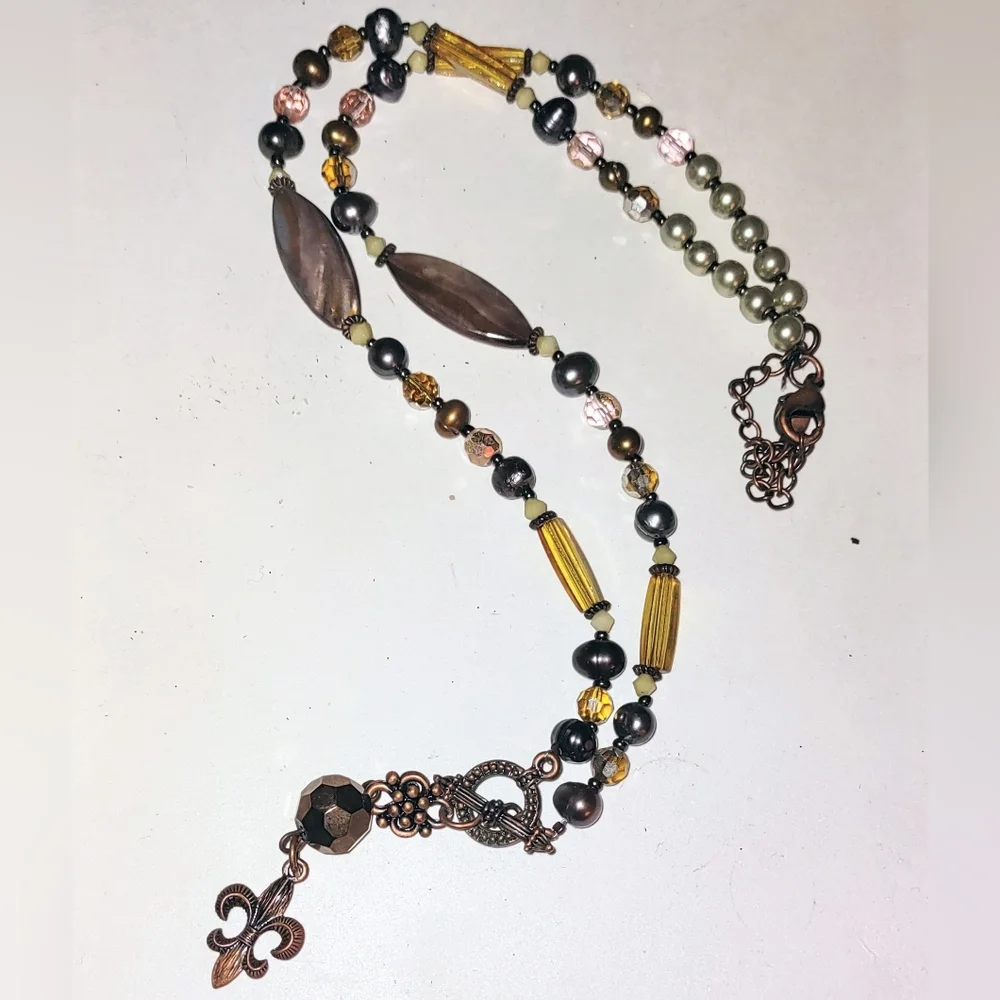 Fleur-de-lis Copper Color Brown & Yellow Gold Bead Necklace Cookie Lee Brand
